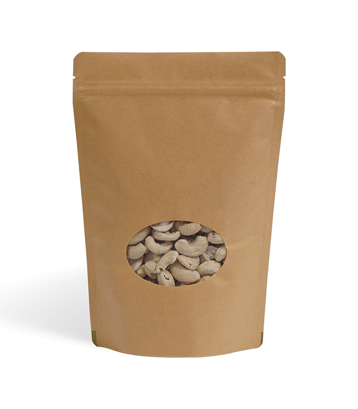 brown paper stand up pouch with oval window