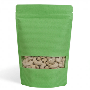 green striped paper bag with rectangle window