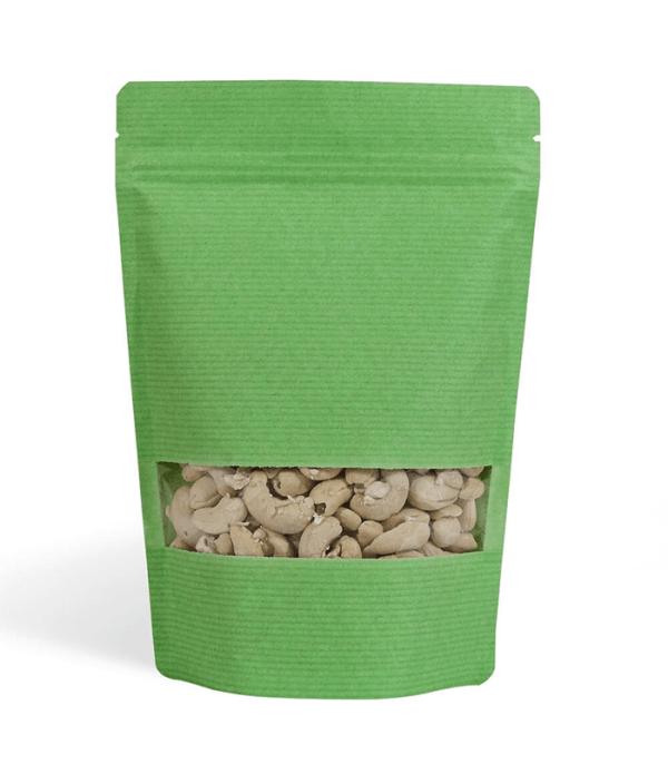 green striped paper bag with rectangle window